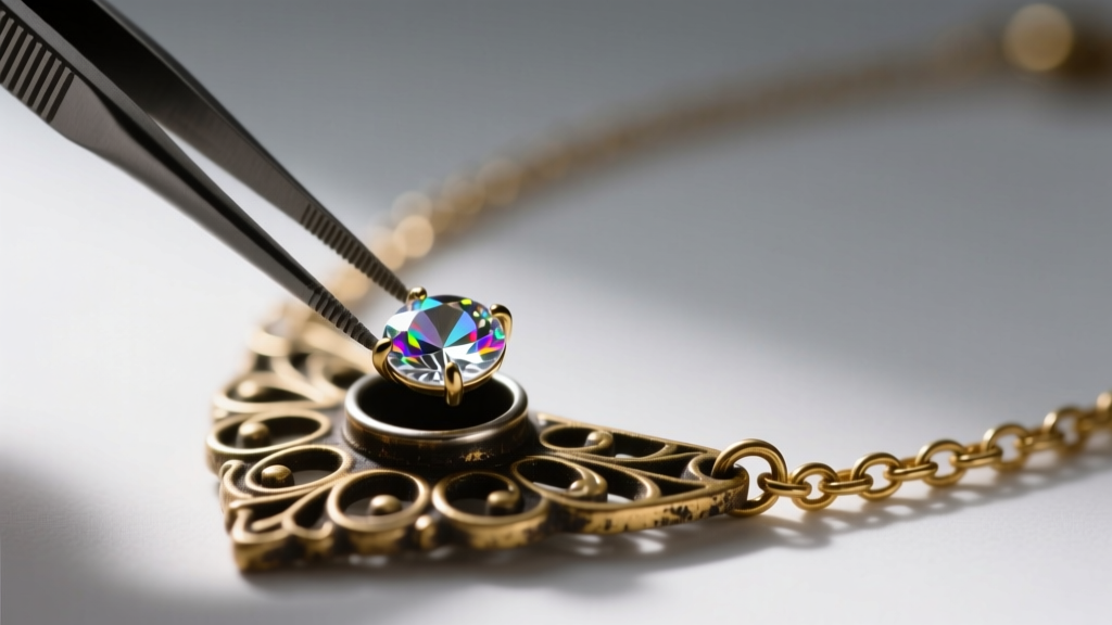 Tweezers placing a small round glass rhinestone into an empty metal prong setting on a vintage statement necklace chain link.