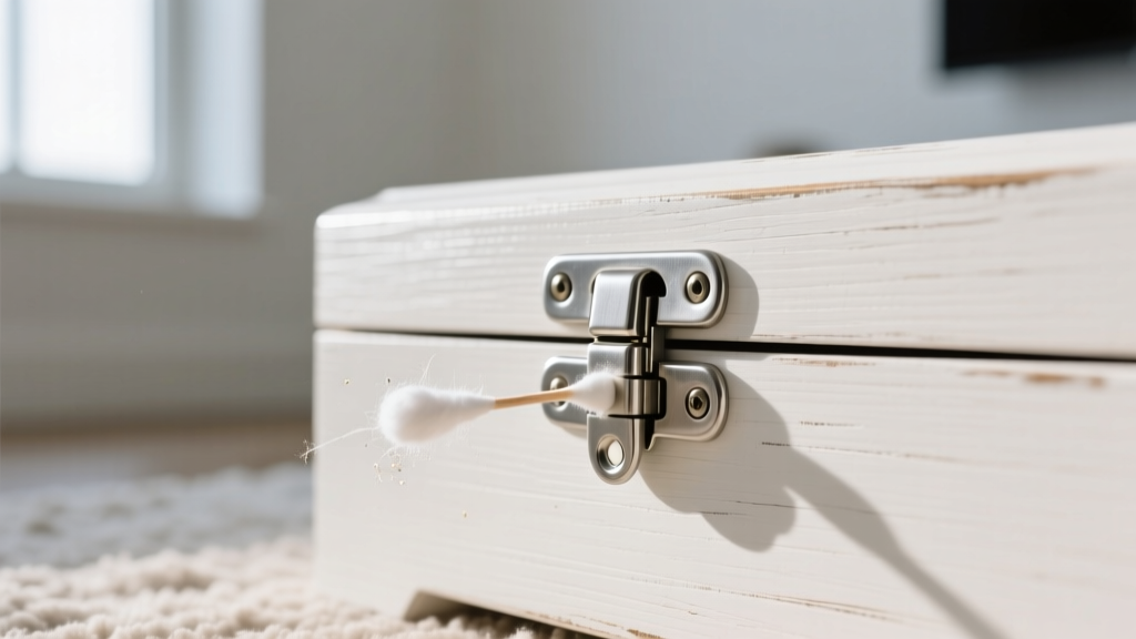 Detail shot of a silver metal hinge on a white wooden jewelry box being carefully cleaned with a precision cotton swab