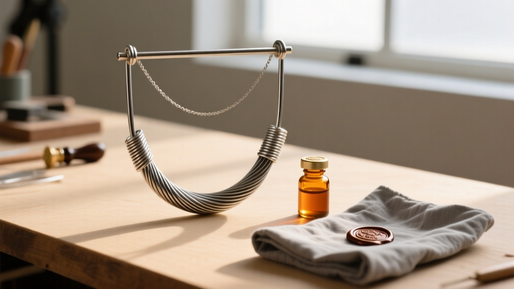 Workbench showing a DIY necklace hanger build with 12-gauge stainless steel wire, Renaissance wax sealant, and anti-tarnish cloth