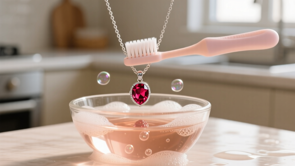 Close-up of a soft baby toothbrush gently scrubbing a ruby pendant on a silver chain in a glass bowl of warm soapy water