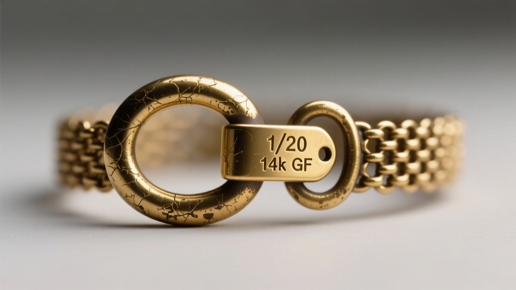 Macro shot of a vintage gold mesh clasp showing a 1/20 14k GF hallmark stamped on the metal tag under bright, focused lighting.