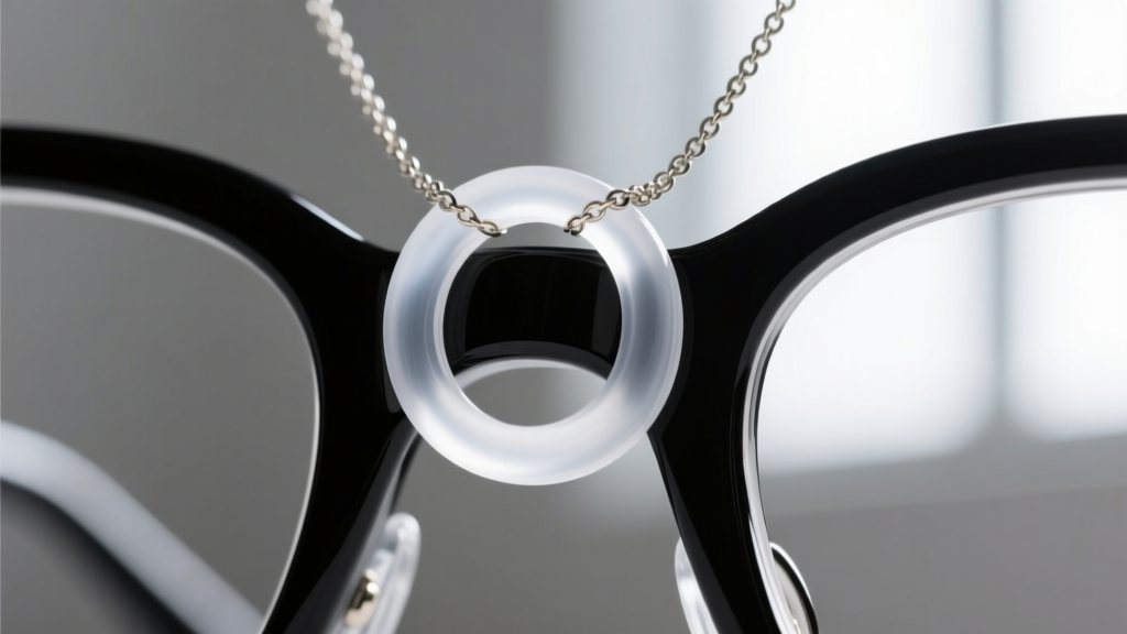 Macro shot of a clear silicone O-ring securing an eyeglasses necklace to a thick black acetate glasses frame temple, sharp focus.