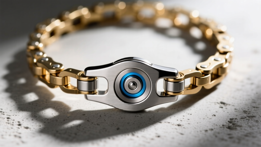 Close-up of a machined titanium magnetic clasp on a brass bike chain necklace, revealing the internal neodymium magnet core.