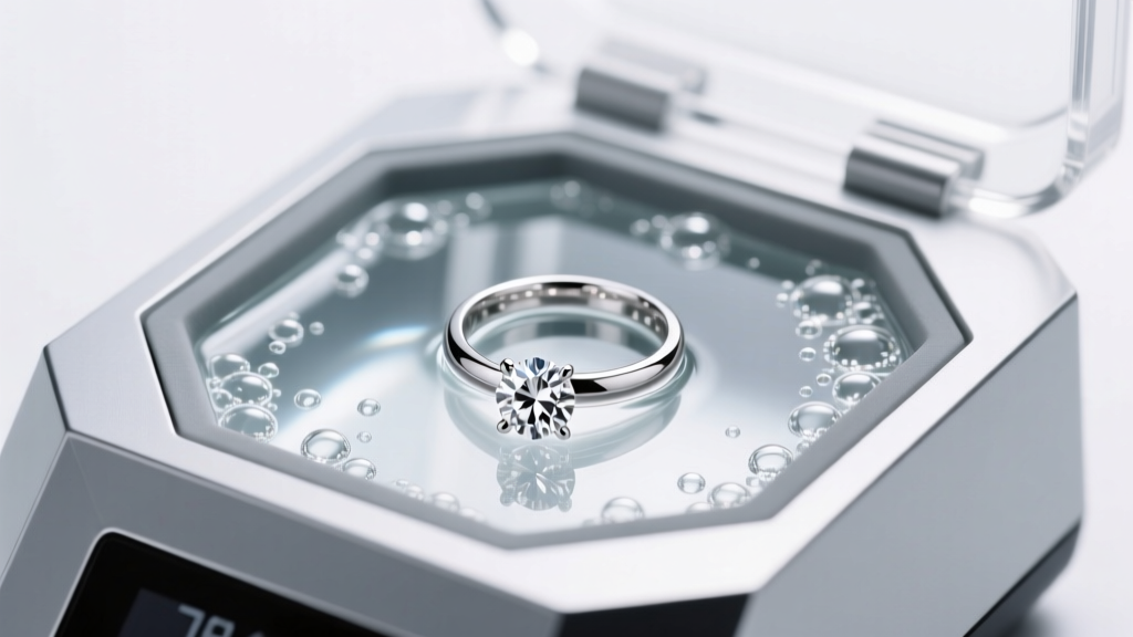 Platinum diamond ring in a sleek modern ultrasonic jewelry cleaner with bubbling clear solution under bright studio lighting