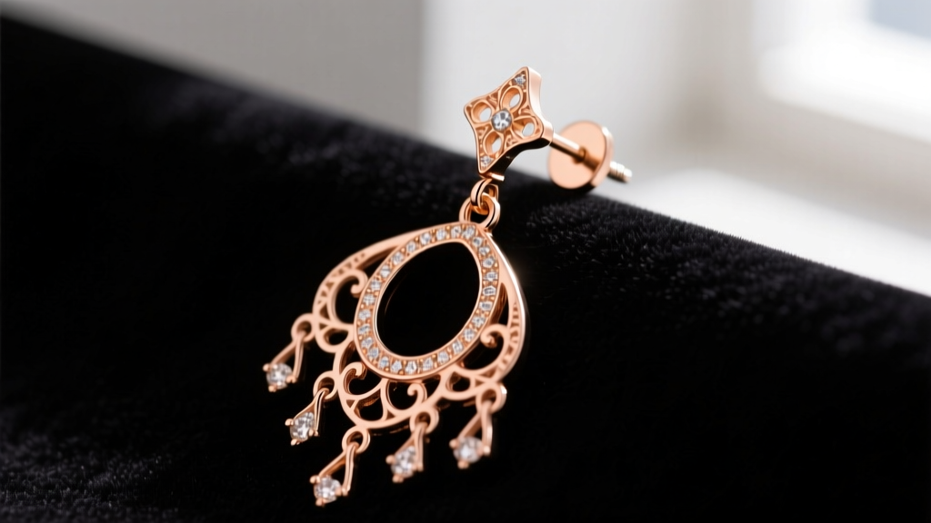 Macro shot of a 14k rose gold chandelier earring on dark velvet, showcasing intricate filigree metalwork and a secure 18g post