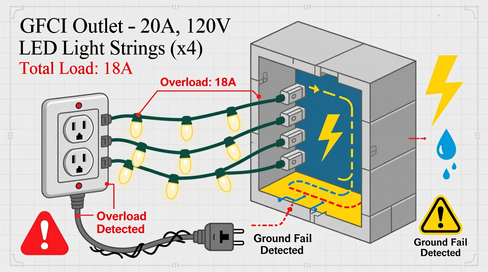 why does my outdoor outlet trip when powering multiple light strings