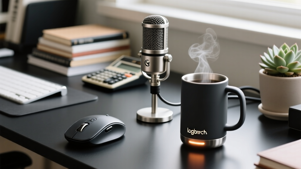 A cluttered home office desk featuring the Logitech MX Master 4, Ember Mug 3, and Shure MV7+ mic awaiting durability testing