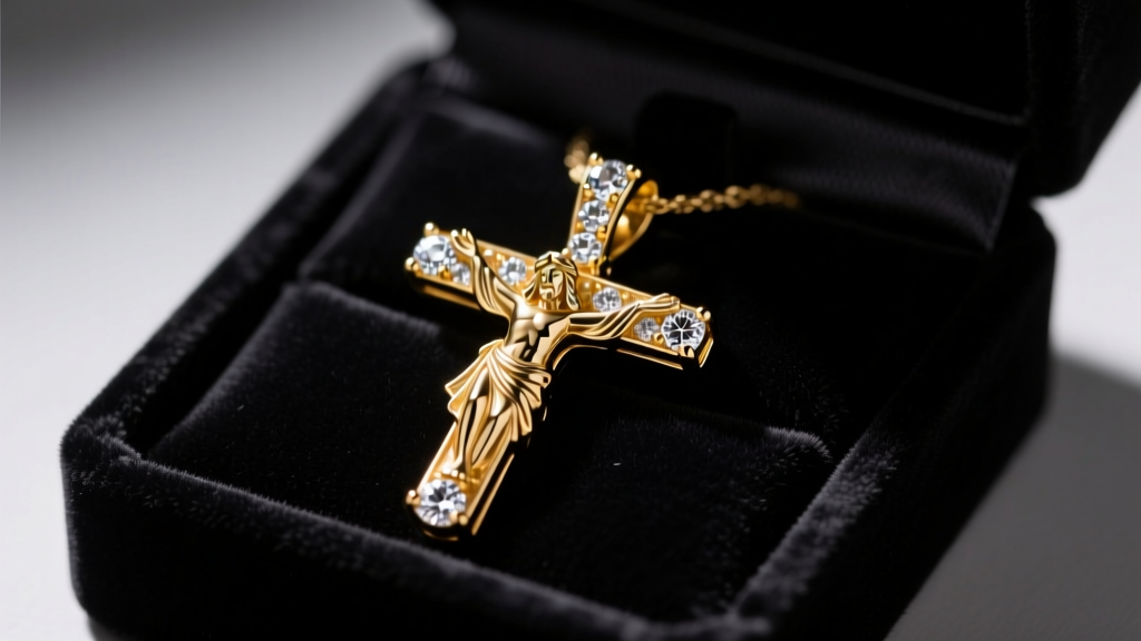 Macro shot of 14k gold Jesus piece pendant with VVS diamonds resting on a black velvet gift box under moody studio lighting
