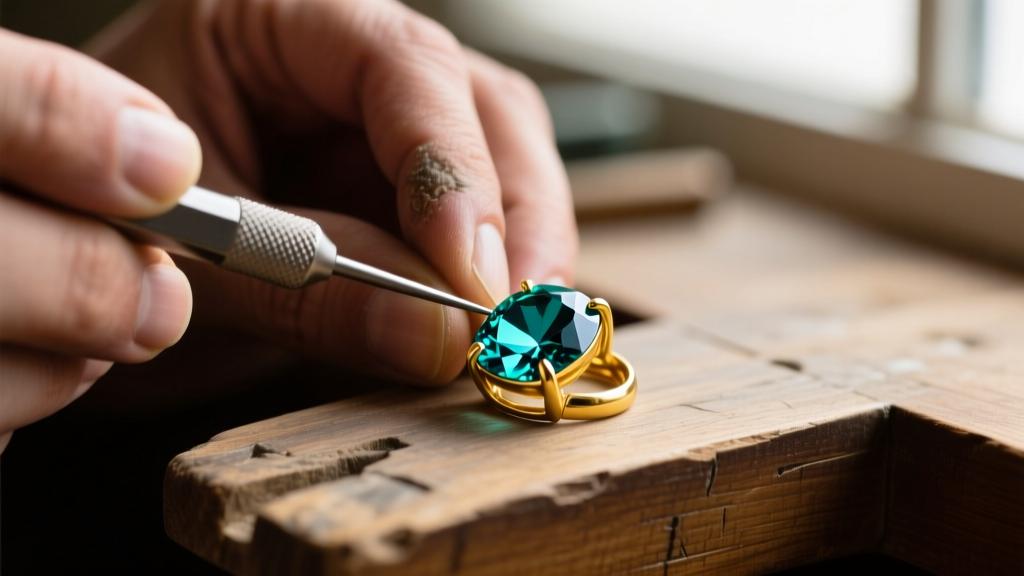 Jeweler hands using a pusher tool to secure a raw sapphire into a 14k yellow gold bezel necklace setting on a wooden workbench.