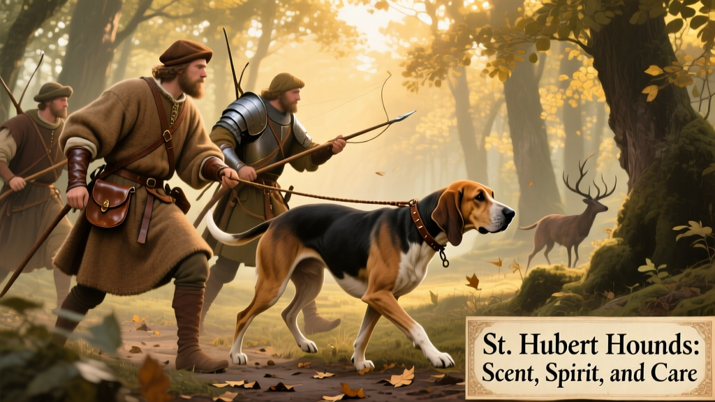 Historical illustration showing medieval hunters with St. Hubert hounds tracking game in forested terrain