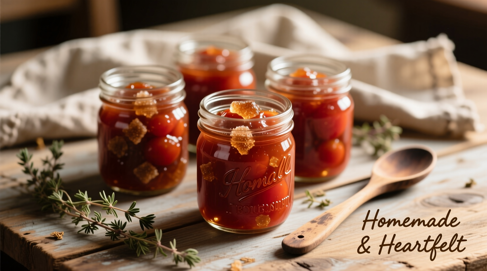 Homemade tomato preserves with brown sugar in mason jars