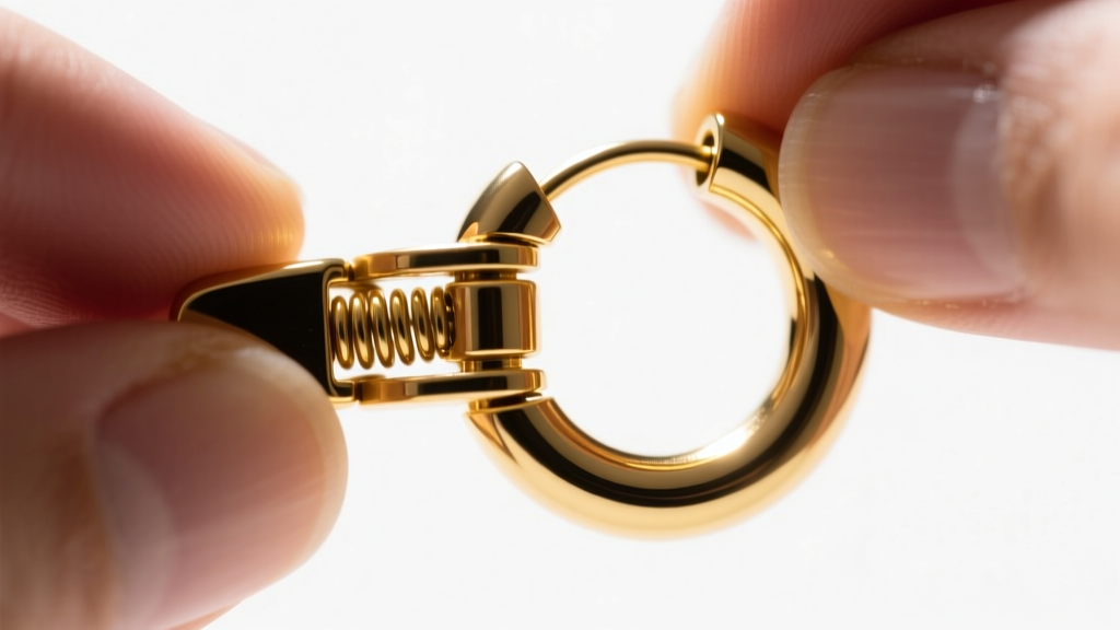 Close-up of a hinged 16-gauge gold clicker hoop earring being opened, showing the snap-lock clasp mechanism in bright studio light