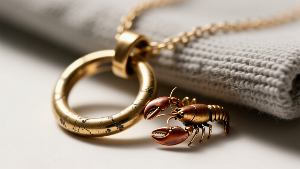 Macro shot of a tarnished brass jump ring and lobster clasp on a Cabi necklace, with a polishing cloth in the background.