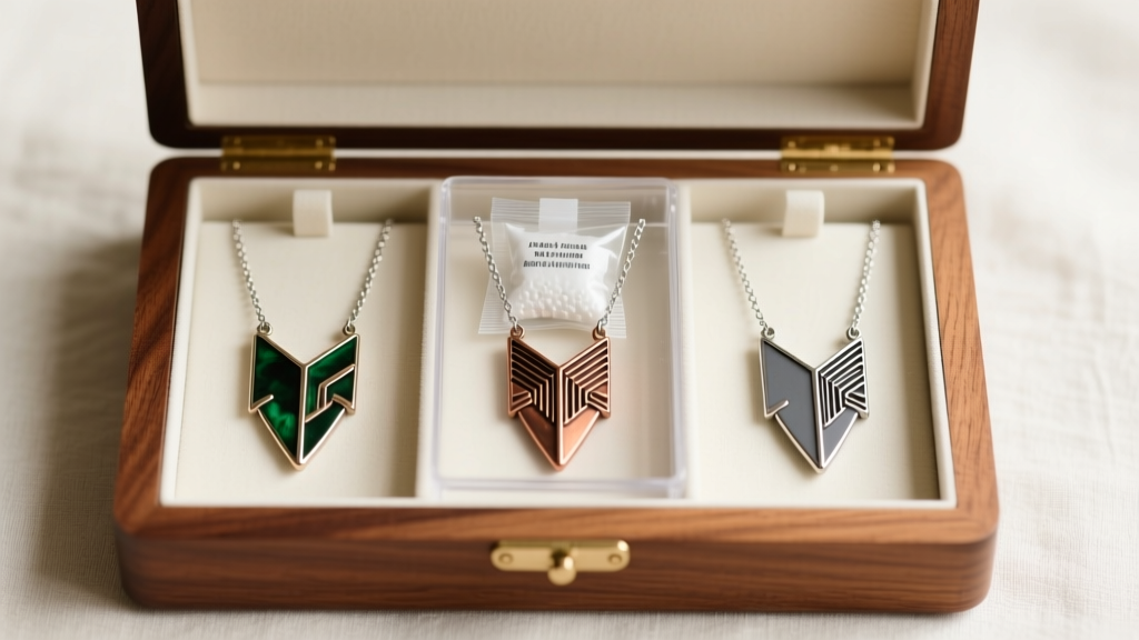 A neatly organized wooden jewelry box displaying three arrowhead necklaces separated by anti-tarnish silica gel packets.