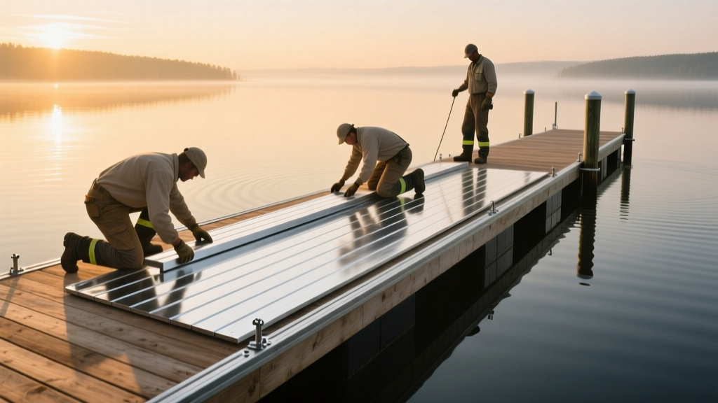 Workers installing aluminum dock decking boards over marine framing on a floating wooden pier at a calm lake during sunrise