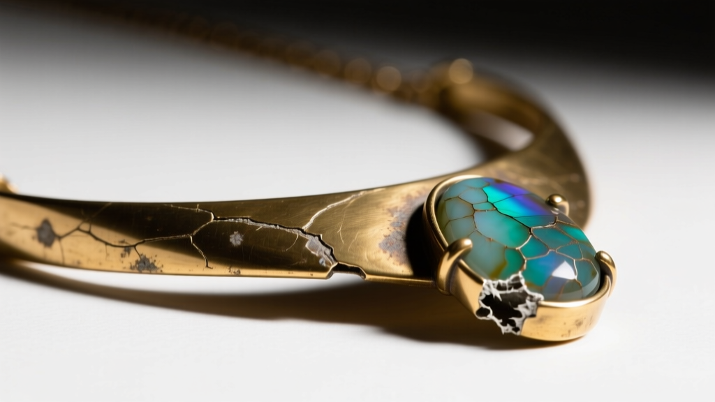 Macro view of a brass mother necklace showing skin discoloration and a loose glued synthetic stone under harsh direct lighting.