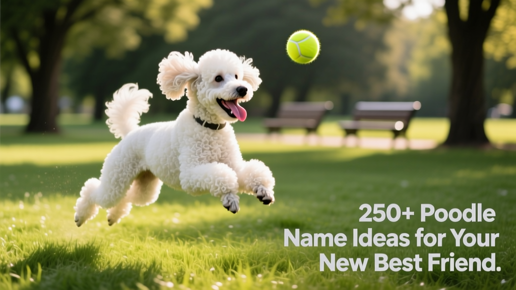 A playful Poodle mid-leap, tongue out, chasing a colorful tennis ball in a grassy park