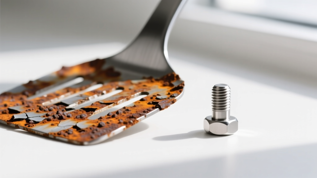 Macro photography of surface rust on a 430-grade stainless steel spatula rivet next to a pristine 304-grade steel alternative
