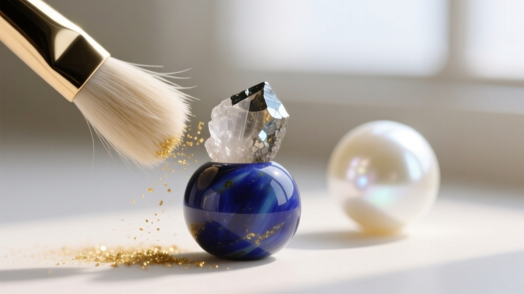 Soft goat-hair brush dusting pyrite on a lapis lazuli bead, while a luminous white pearl rests in the softly blurred background.