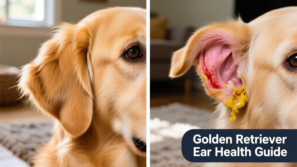 Side-by-side comparison: healthy golden retriever ear vs. infected ear showing redness and discharge