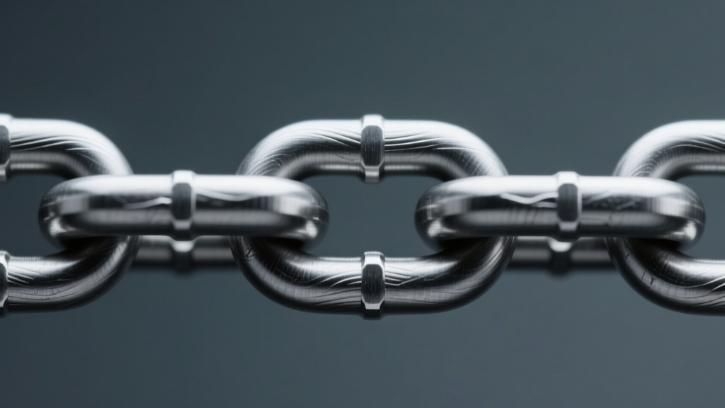 Macro shot of interlocking titanium chain links with a brushed finish on dark slate, showing the lightweight grey metal texture.