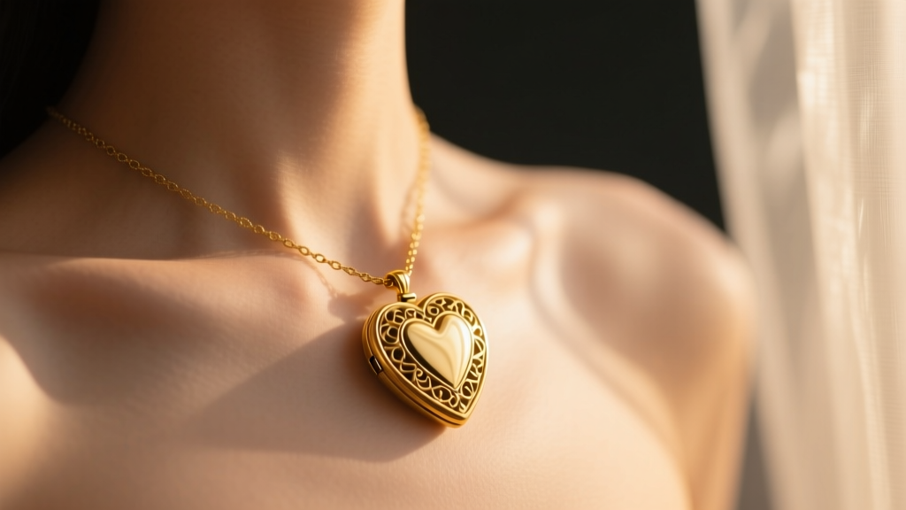 Vintage gold heart locket necklace resting on a collarbone, illuminated by warm cinematic lighting against a soft moody background.
