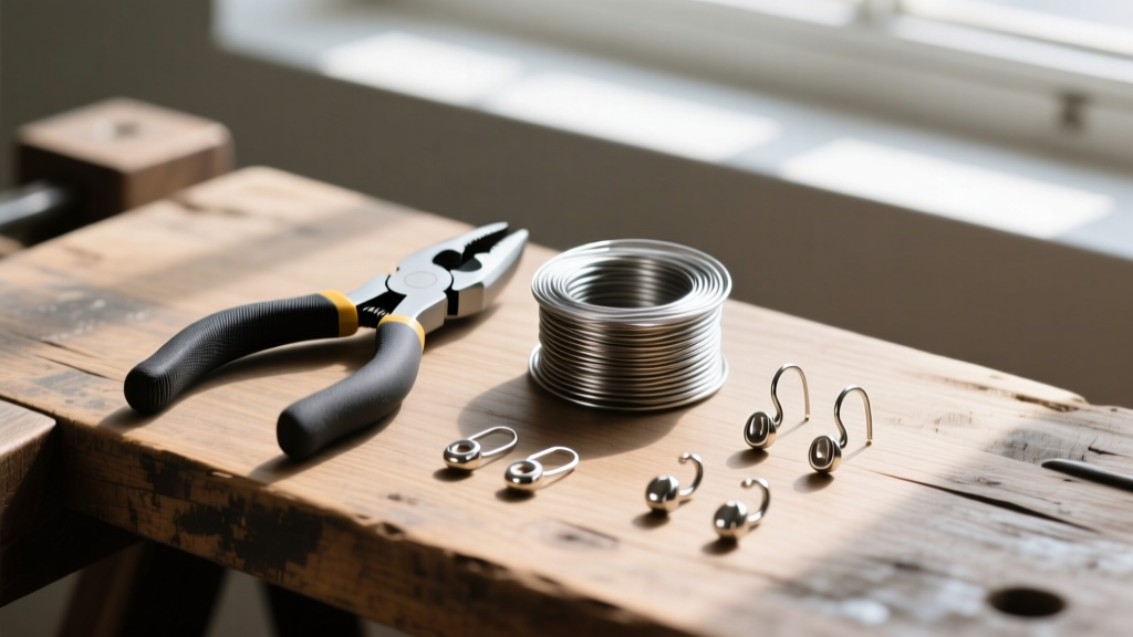 Flat lay of nylon jaw pliers, 20-gauge titanium wire, and finished DIY ear hooks resting on a rustic wooden jeweler's workbench