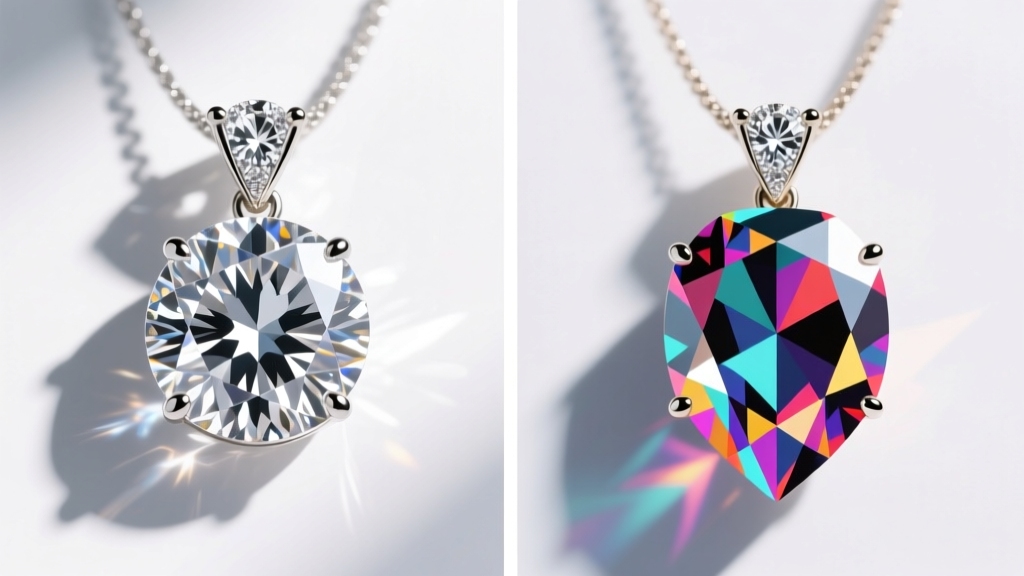 Comparison of a virtual diamond pendant showing hyper-realistic alpha rendering on left and stylized maxis match on the right.