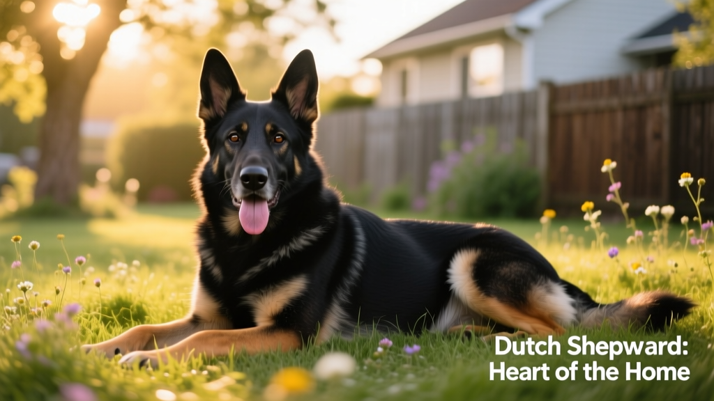 portrait of a dutch shepherd lying in grass with her tongue out