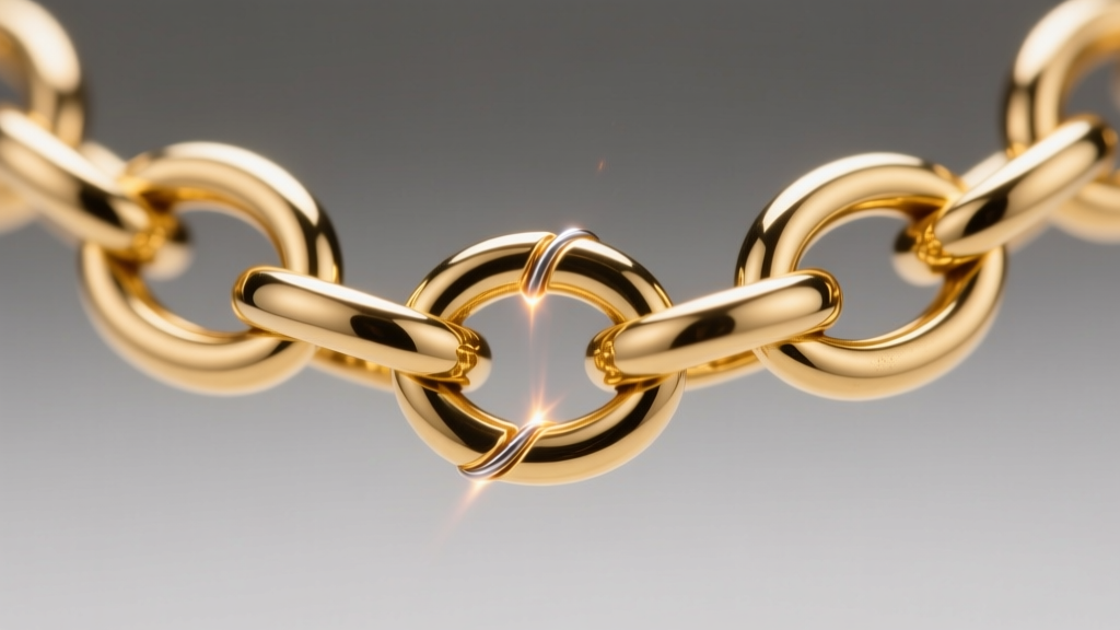Macro shot of laser-soldered jump rings on a 14k gold rosary chain, showing the seamless weld point under bright studio lighting.