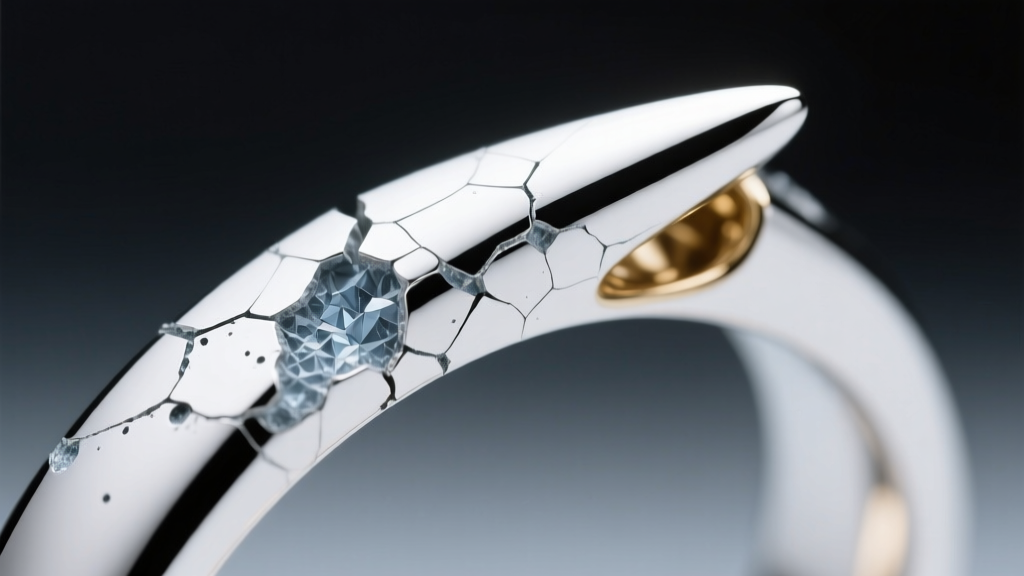 Macro shot showing stress corrosion cracking on a white gold ring prong caused by chlorine exposure, lit by harsh overhead light