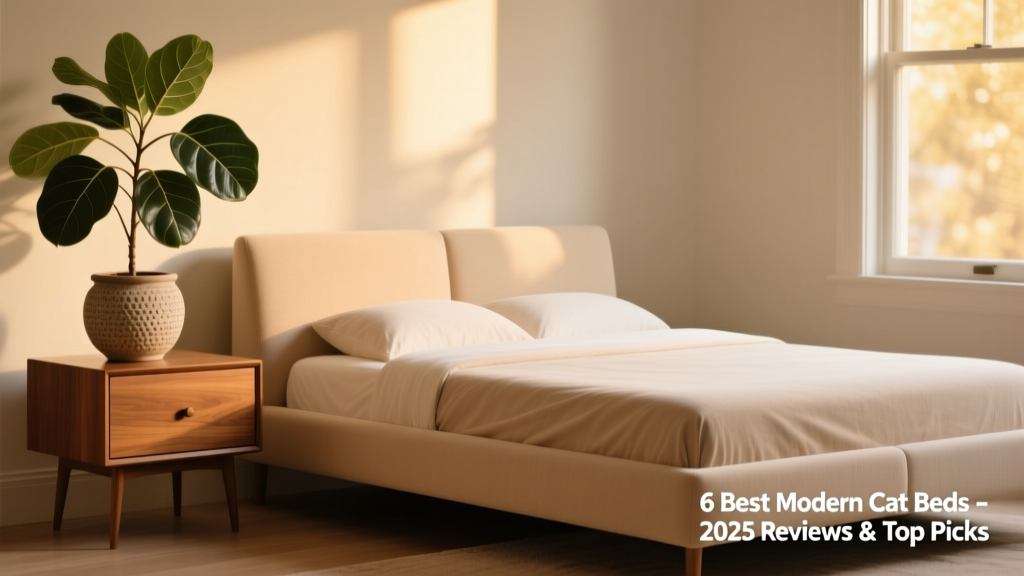 The FurPetVo Slim Contour Bed placed beside a mid-century side table and potted plant, showcasing its clean lines and neutral tone