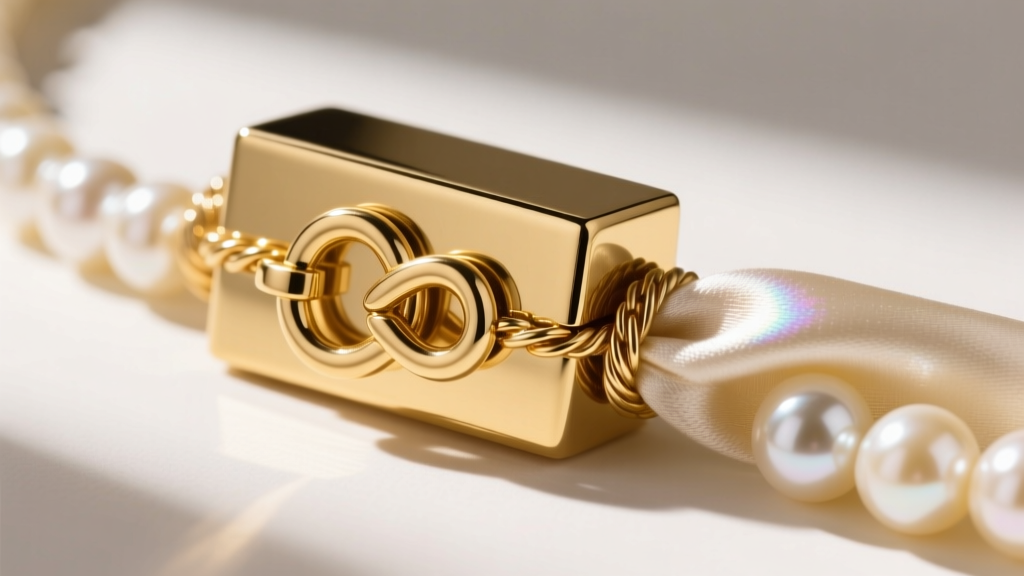 Close-up of a 14k gold box clasp with a figure-8 safety catch, attached to heavy pearl silk via coiled French wire gimp.