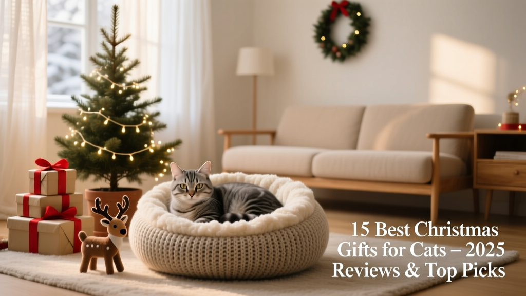 A cozy living room scene with a cat curled up in a soft nest-style bed, surrounded by festive decor