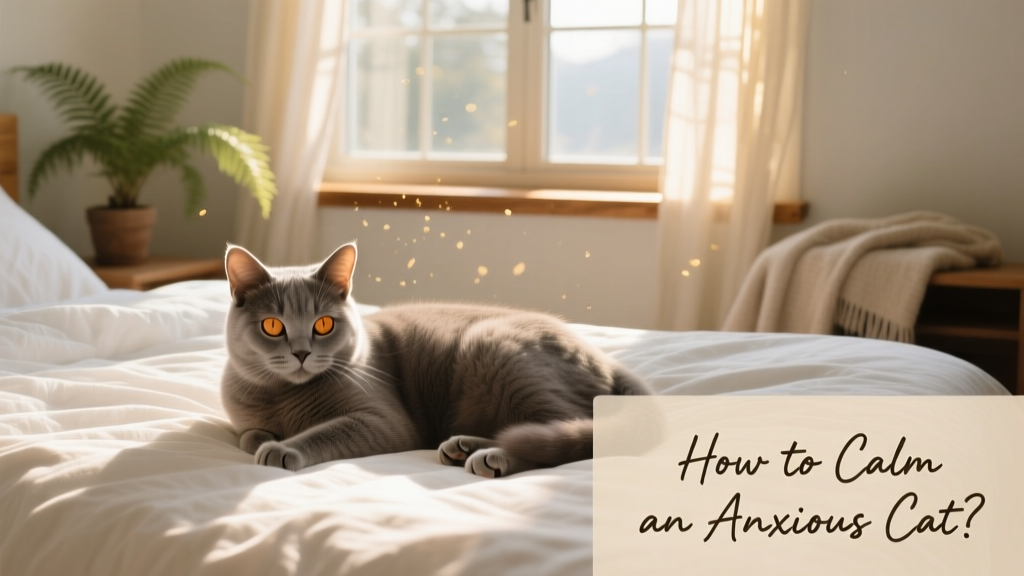 A calm, relaxed cat resting on a soft bed in a sunlit, quiet room with a window perch nearby