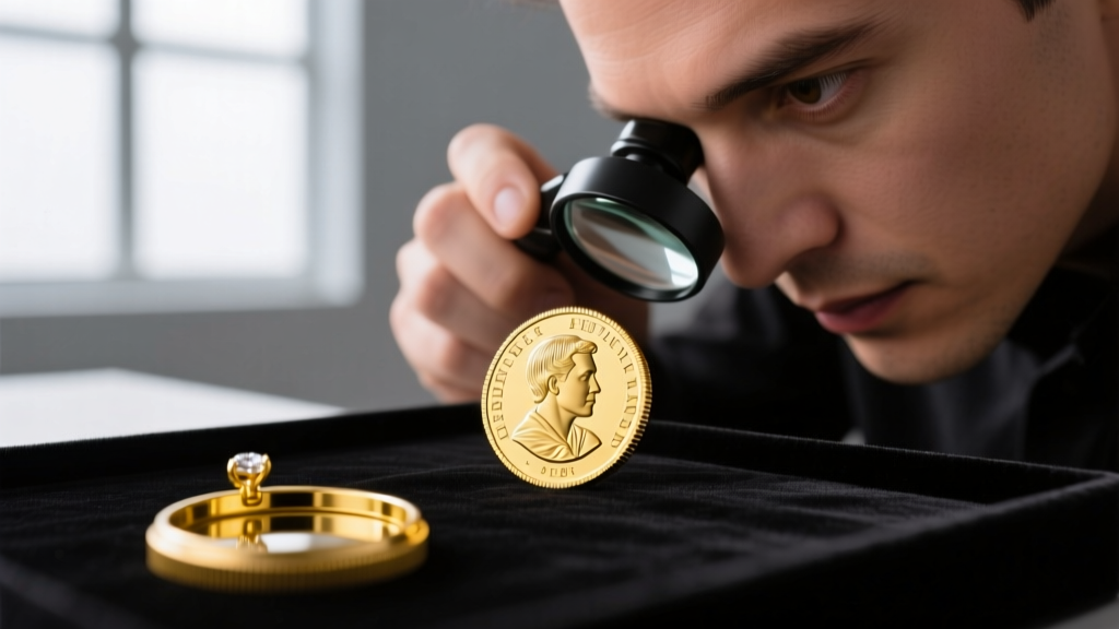 Jeweler inspecting the milled edge of a half sovereign coin with a loupe before placing it into a custom yellow gold bezel mount.