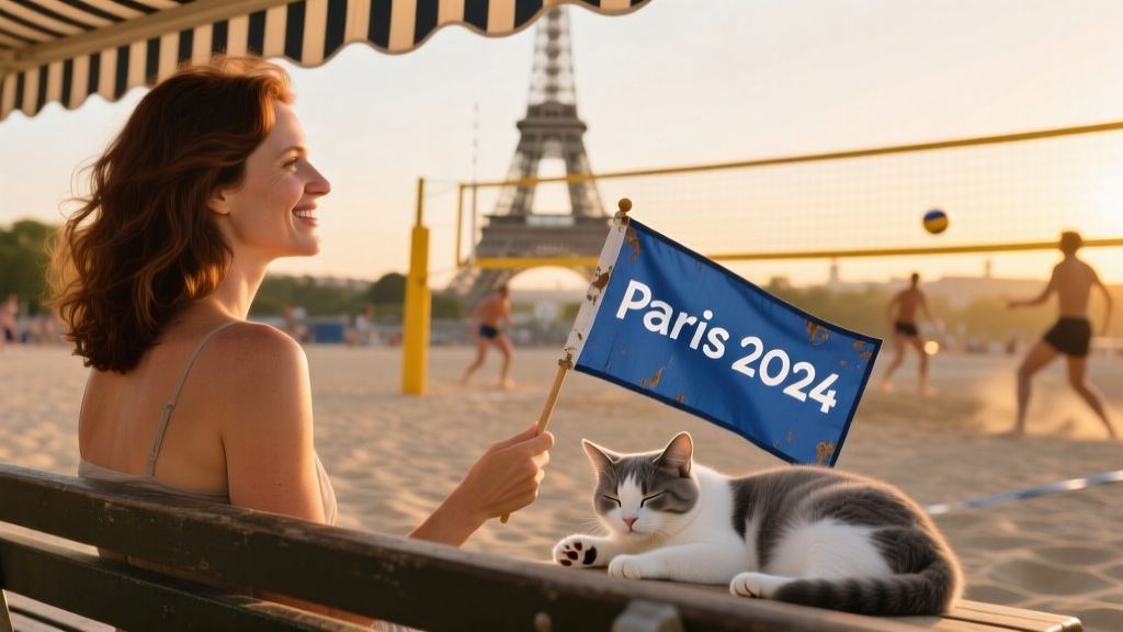 Emma watching beach volleyball with the Eiffel Tower visible in the distance, holding a small flag