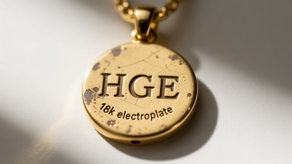 Extreme macro view of a gold-plated brass pendant showing faded HGE and 18k electroplate stamps, highlighting wear on base metal.