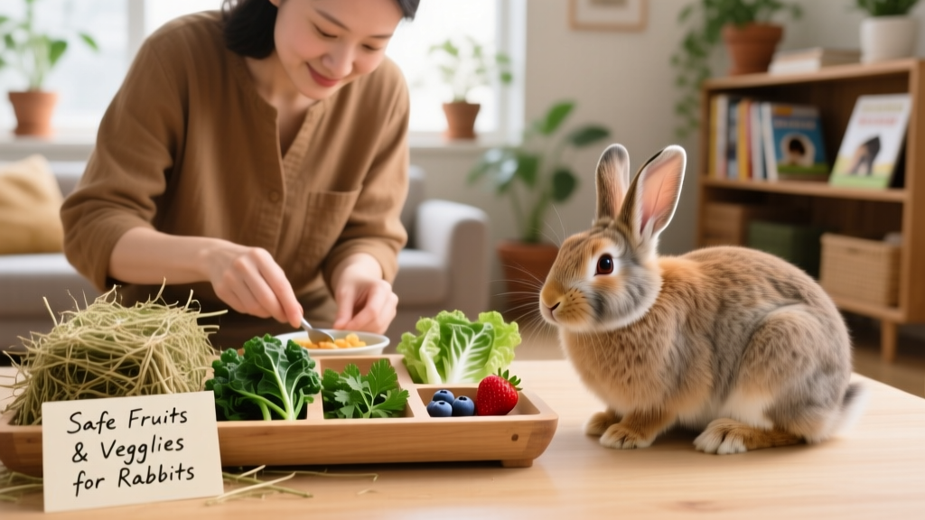Rabbit owner preparing a balanced daily meal with measured portions of hay, greens, and a small fruit treat