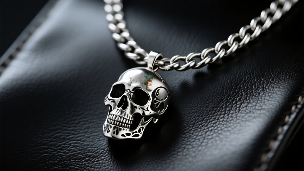 Close-up of an 8mm oxidized sterling silver Cuban link chain with a gothic skull pendant resting on dark leather.