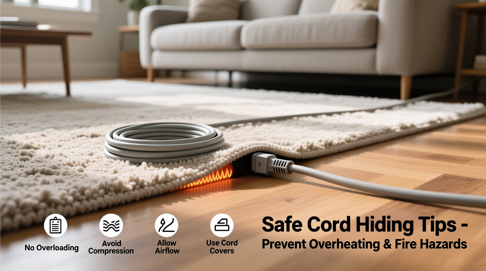 how to hide extension cords under area rugs safely without overheating risks