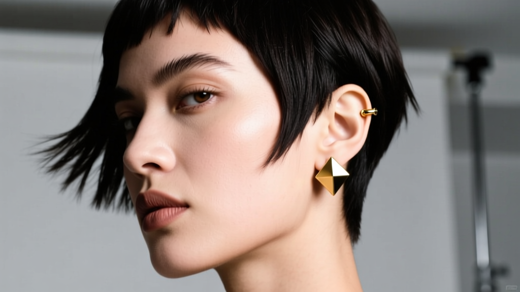 Profile of a model with a pixie cut showcasing an asymmetrical ear curation featuring a 16g gold seamless hoop and a geometric stud.