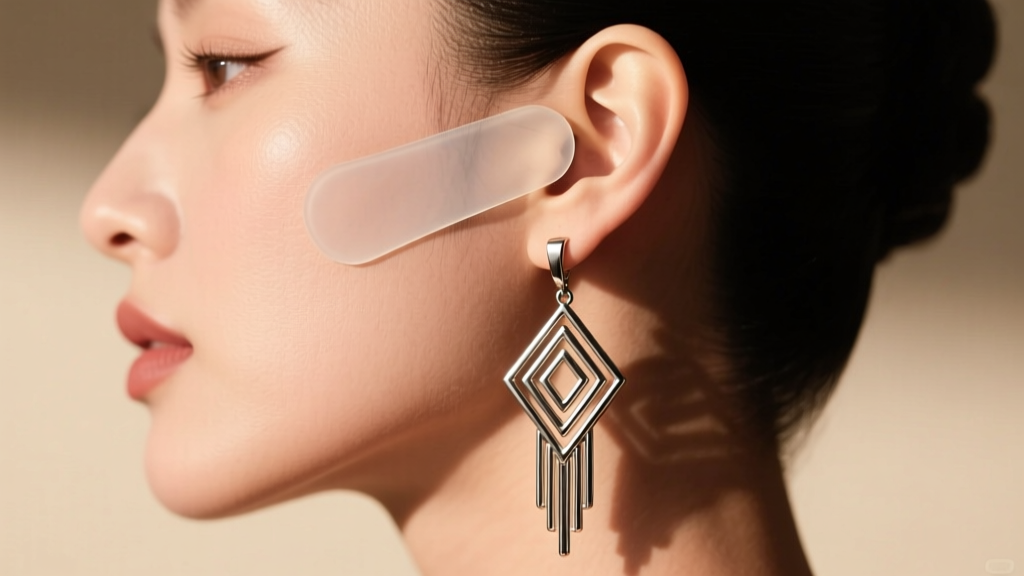 Side profile of an earlobe wearing a clear silicone support patch underneath a long, articulated geometric art deco drop earring