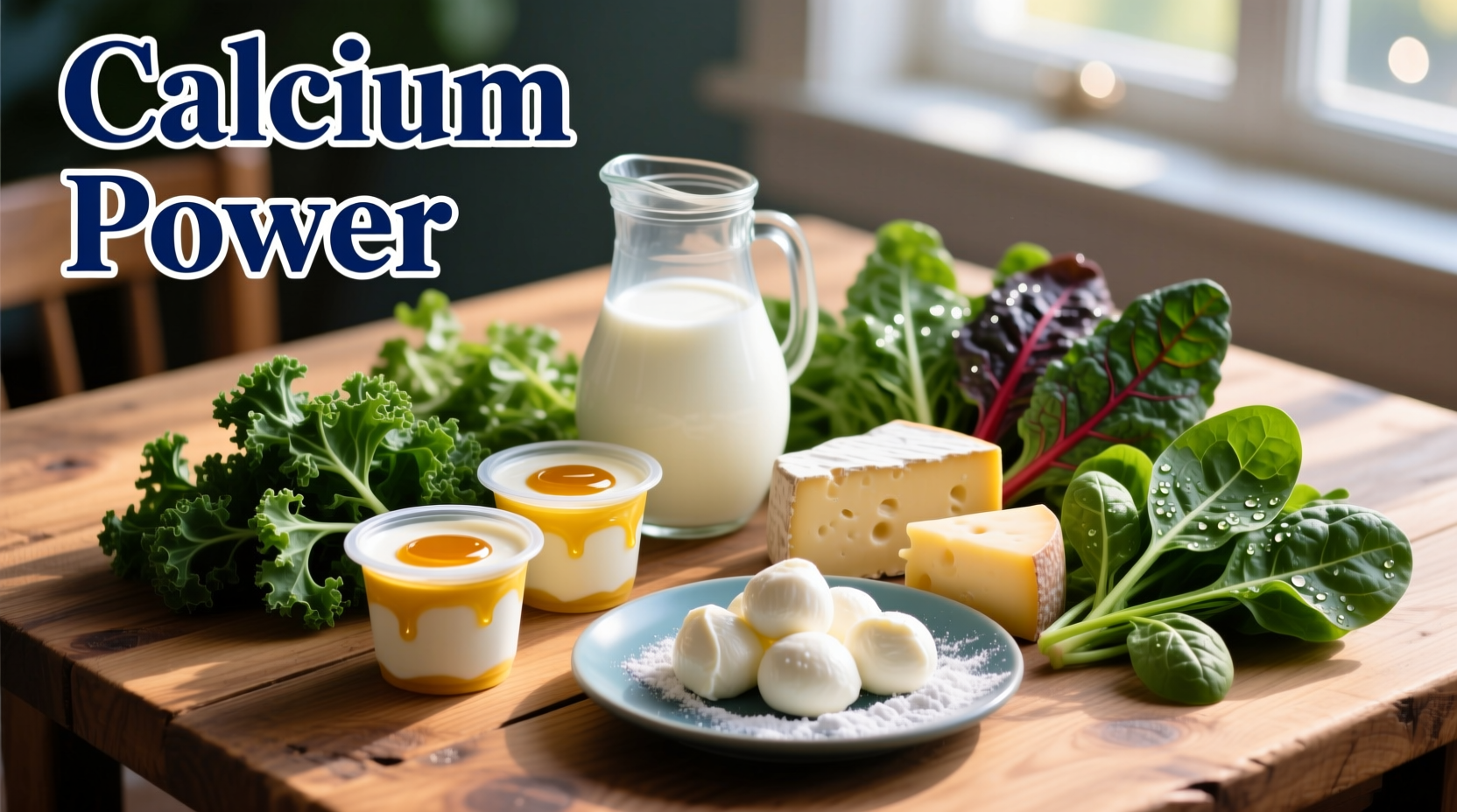 Colorful display of calcium-rich foods including dairy products and leafy greens
