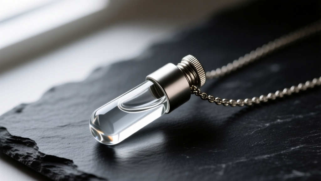 Close-up of a borosilicate glass blood vile necklace pendant with a brushed titanium screw-cap resting on dark slate