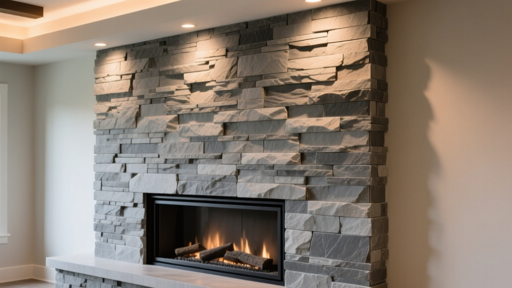 Close-up of AirStone Spring Creek gray faux stacked stone veneer panels installed on a modern interior fireplace surround with warm lighting