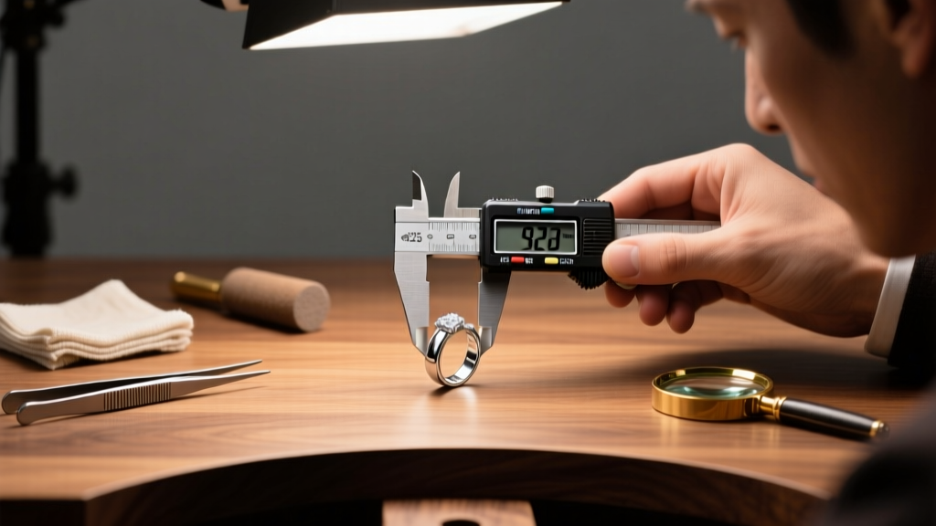 Jeweler measuring a 925 sterling silver ring shank with digital calipers on a professional workbench under warm lighting.