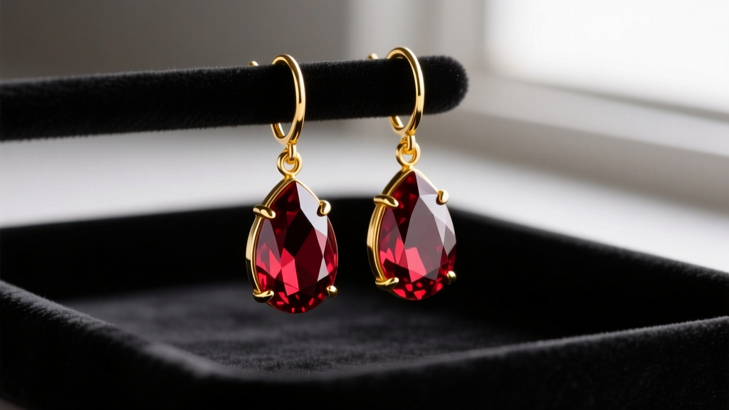 Close-up of deep red almandine garnet drop earrings in 14k yellow gold resting on a dark velvet jewelry tray in soft lighting.