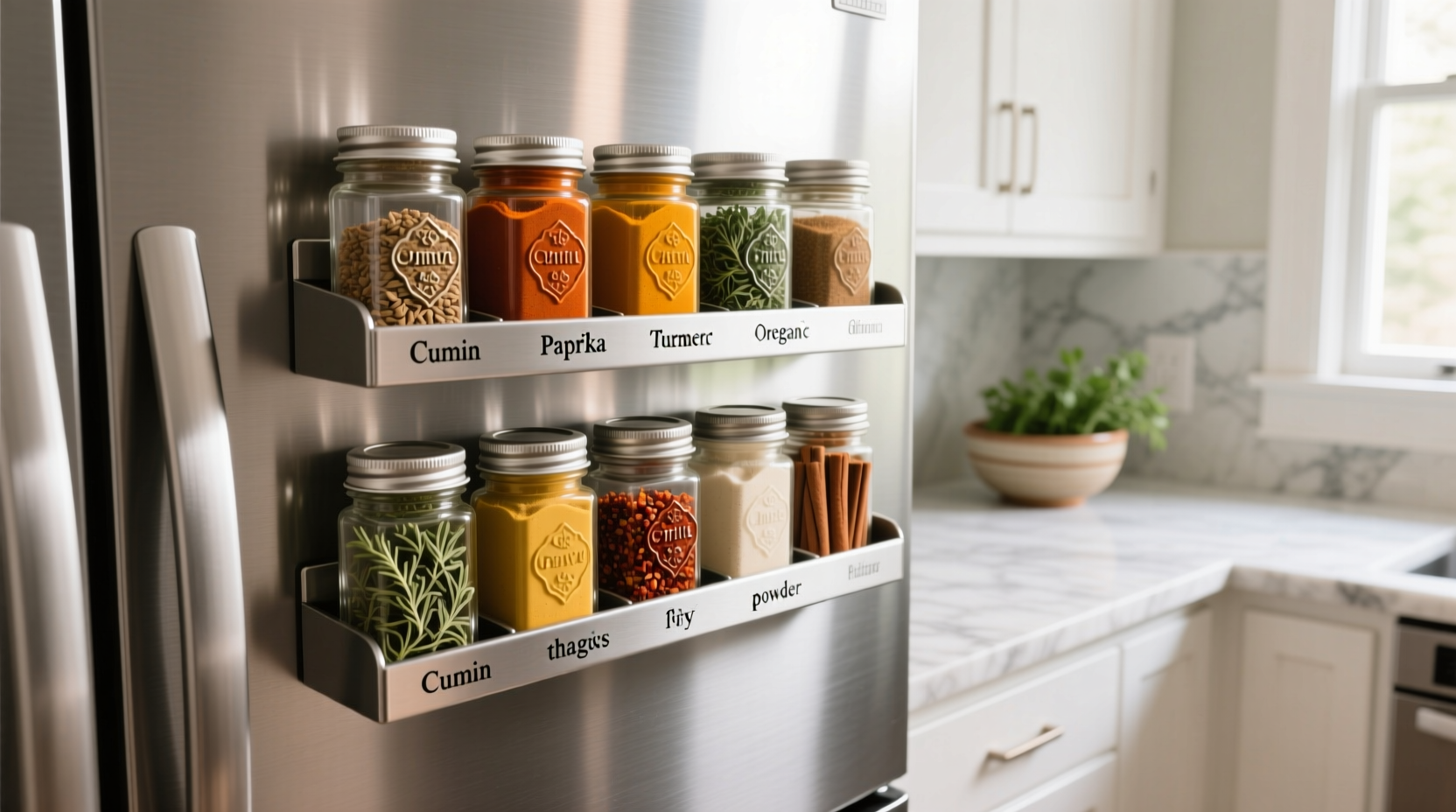 Magnetic spice rack installed on refrigerator door