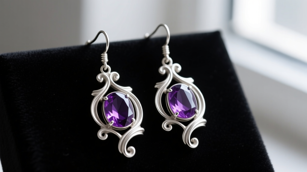 Vintage sterling silver Art Nouveau drop earrings with whiplash curves and an amethyst cabochon resting on dark velvet.
